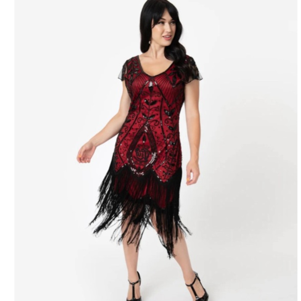 1920s Red and Black Beaded Flapper Dress